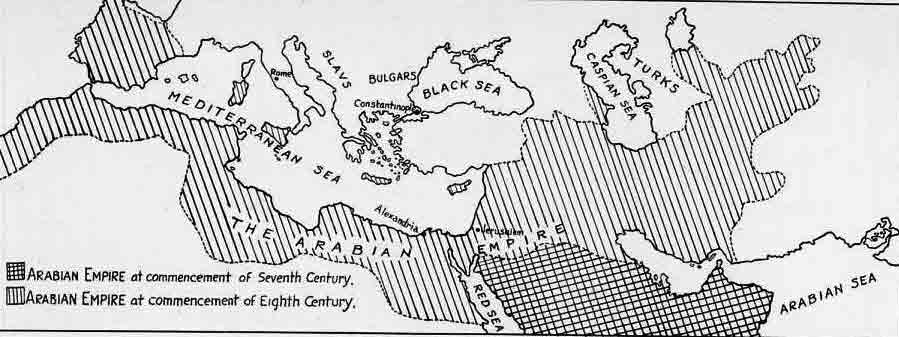「第36図 長方形は7世紀始めのアラビア帝国 斜線は8世紀始めのアラビア帝国」のキャプション付きの図